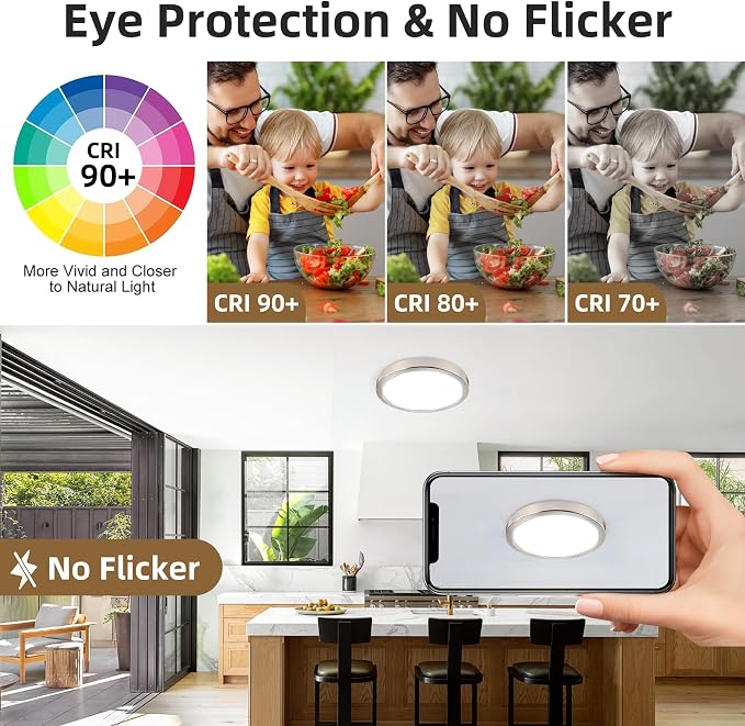 Hlite 9 Inch LED Flush Mount Ceiling Light,1800LM,6 Pack,3CCT | 18W 3000K/4000K/5000K Selectable,Super Slim,Low Profile Round Ceiling Light Fixtures for Kitchen,Bedroom,Hallway,Nickel