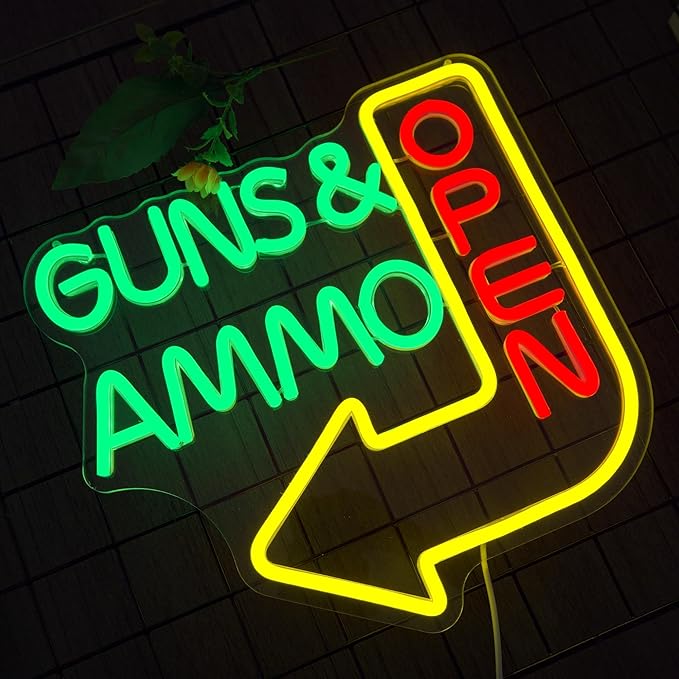 Open Neon Sign - Guns Ammo Store LED Light for Wall Decor Dimmable Gun Signs Lamp for Gun Store, Ammo Shop, Shooting Range Bright Green & Red Lighting for Shop Entrance(12.6 * 12.5inch)