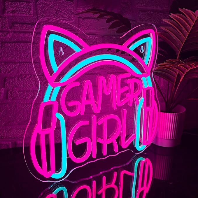 Mutank Gamer Girl Cat Headphones Neon Sign, Game Room Neon Sign USB Powered Game Headphone Sign LED Dimmable, for Gaming Room Bedrooms and Cat Ear Girl Man Caves Decor(13.3 * 12.2 In)