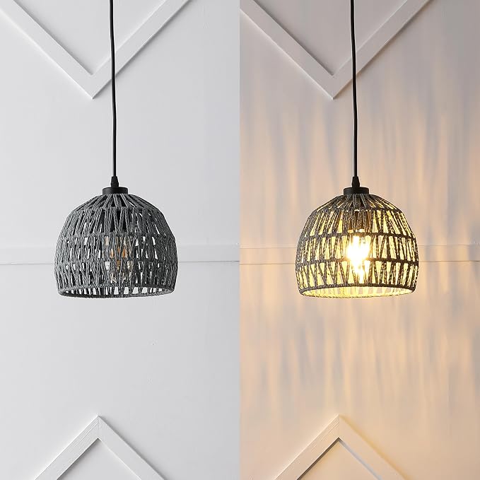 JONATHAN Y Campana 1-Light Pendant Dome Ceiling Lamp, 8.25", Gray | Modern Coastal Farmhouse Decor, Adjustable Height, Woven Rope Metal Frame, LED Bulb Included, UL Listed