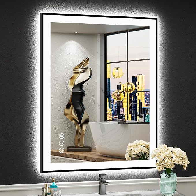 28x36 Black LED Bathroom Mirror, Backlit & Front Lit Lighted Mirror | Metal Framed Anti-Fog Vanity Mirror with Lights, 3 Color Dimmable, Memory, Tempered Glass, CRI95, IP54, Horizontal/Vertical