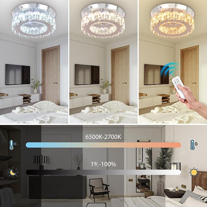 Dimmable LED Ceiling Light with Remote Flush Mount Mini Round LED Crystal Chandeliers Modern Flush Mount Ceiling Light Fixture Hallway Light Bedroom Bathroom Kitchen Office