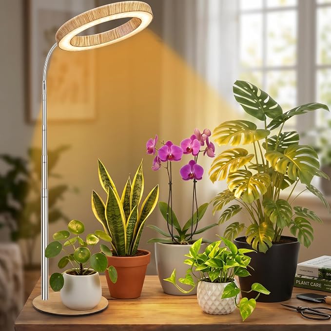 Grow Lights for Indoor Plants Full Spectrum, Desk LED Plant Light with Faux Wood Grain, 12"-43" Height Adjustable, Auto On/Off Timer 3/9/12H, 3 Modes 10 Dimmable Levels for Succulents, Herbs