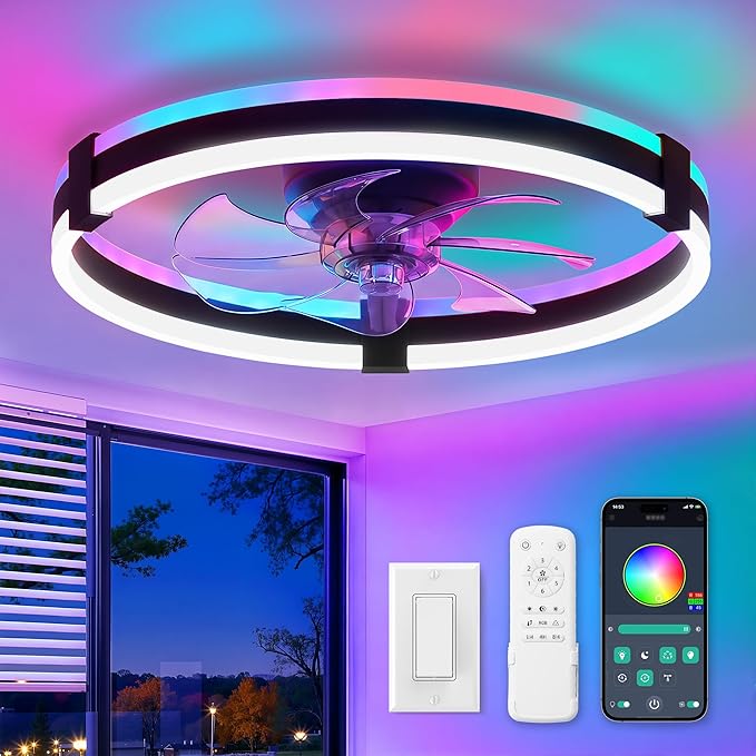 ZMISHIBO 20" RGB Low Profile Ceiling Fans with Lights and Remote, Black | Custom RGB+3CCT Dimmable, 6 Speeds, Remote/App Control, Reversible DC Motor, Memory, Timer, Modern Fandelier for Kids/Bedroom