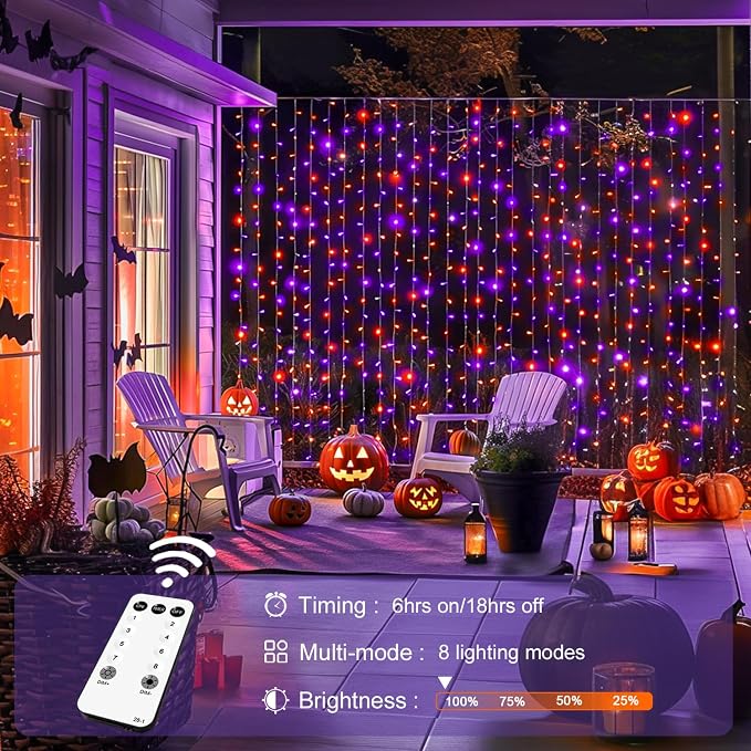 JMEXSUSS 300LED Halloween Curtain Lights, Orange and Purple, 9.8x9.8ft | Remote, Plug in, Window Twinkle Hanging String Lights, For Bedroom, Wall, Party, Backdrop, Yard, Indoor, Outdoor Decor