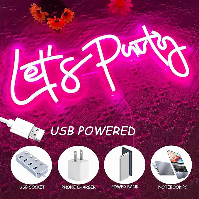 Let's Party Neon Sign, LED Neon Lights for Bedroom Wall Decor, Art Decorative Lights for Bachelorette Party, Engagement Party, Birthday Party, Living Room, Gamer Room Decor Aesthetic (Pink)