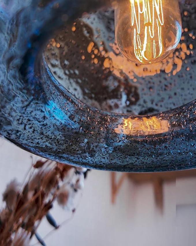 Blue Pendant Light, Hand Blown Glass,Brushed Nickel, 8.7 Inch | Modern Rustic Ceiling Hanging Fixtures Dimmable Kitchen Island Sink Foyer,Adjustable Cord ETL Certification
