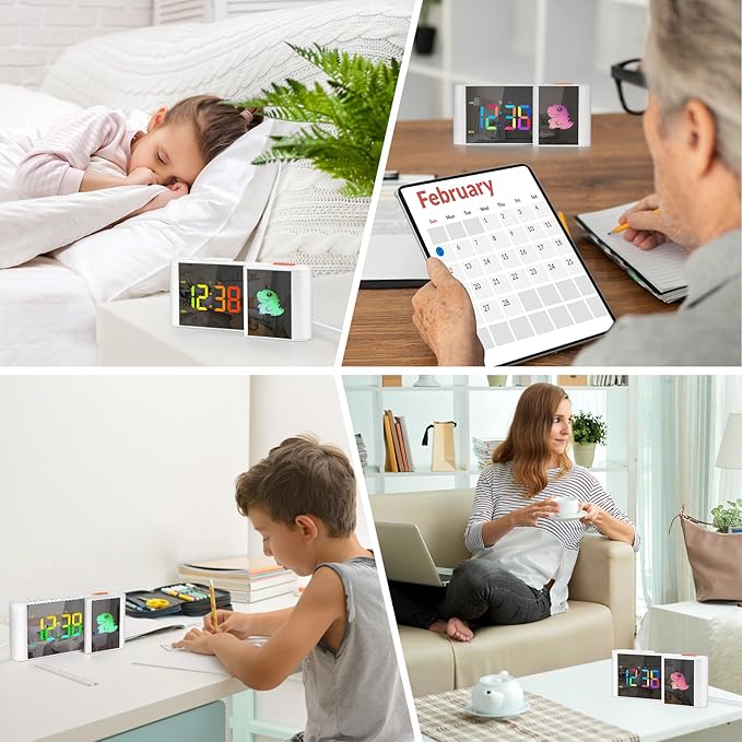 Alarm Clock,Alarm Clocks Bedside with Cute Cartoon,7.2''Large Mirror Clock,11 Colors Digital,10 Colors RGB Cartoon,Week Display,Auto Dimming,Dual Alarms,USB Port,5 Levels Volume for Bedroom Home Decor