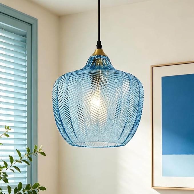 Blue Glass Pendant Lights Kitchen Island Gold Hanging Ceiling Light 9.45" | 1 Pack, Adjustable height, Dimmable, E26 bulbs, Rust-resistant Damp Rated For Bathrooms, 5-Year Warranty, UL Certification