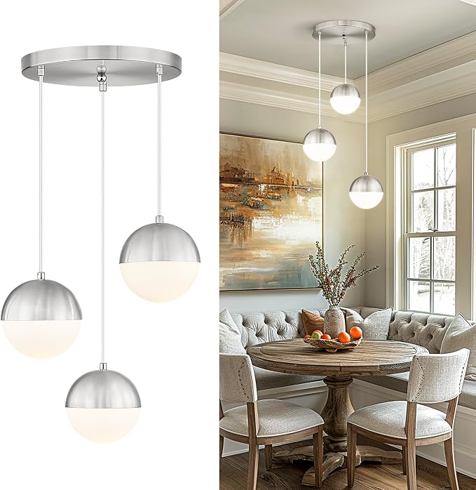 Modern Brushed Nickel 3-Light Cluster Pendant Lights, Mid Century Pendant Lighting with White Globe Glass Shade, Adjustable Hanging Cord Ceiling Light for Home Office Dining Room, LMS-186BN3