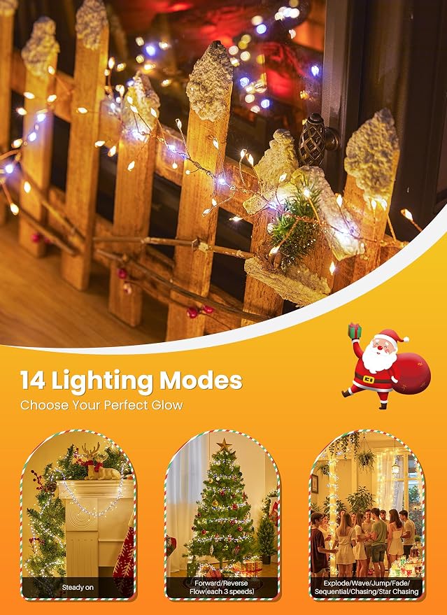Flowing Fairy Lights Plug in with 14 Modes, 10FT 388LED Twinkle String Lights Indoor, Christmas Tree Lights Indoor Waterproof for Bedroom Christmas Home Room Decor, Warm White + Cool White