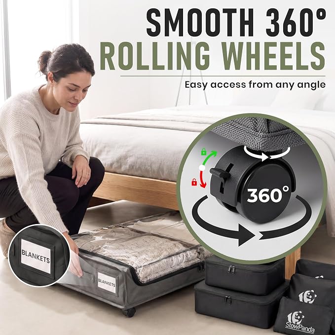 60L Under Bed Storage with Wheels, With 6 Travel Bags, 2-Pack, Light Gray | Rolling Underbed Storage Containers, Clear Lids, Heavy Duty Steel Frame, Organizer for Clothes Shoes Comforters Blankets Toys