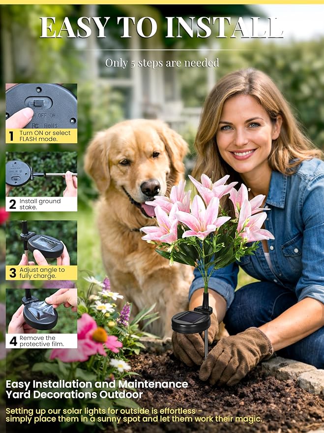 GIGALUMI Solar Garden Lights, 4 Pack LED Lily Solar Flower Lights Outdoor | Garden Decor Carefree Artificial Flowers Lily, 3 Lighting Mode, Yard Decorations, Gardening Gifts (1Yellow, 1White,2Pink)