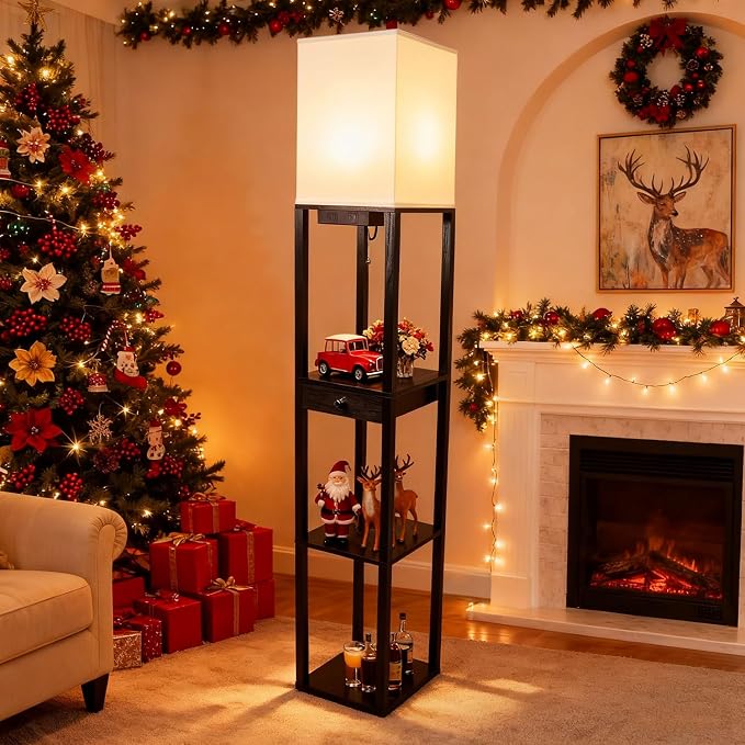 Shelf Floor Lamp with 1 Drawer,2 USB-C Ports,1 AC Outlets, Modern Wood Floor Lamp with Storage, Corner Display Standing Lamp for Living Room, Bedroom, Office