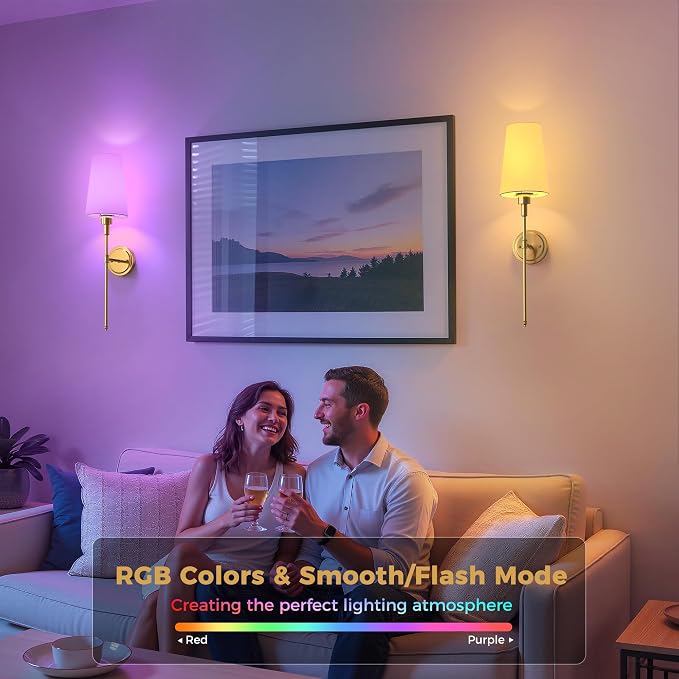 Battery Operated Wall Sconce: Set of 2 Wireless Wall Light 12000mAh | 15 Color Rechargeable Wall Sconces, Sconce Wall Decor Set of 2 for Bedroom, Living Room, Gold, 27in