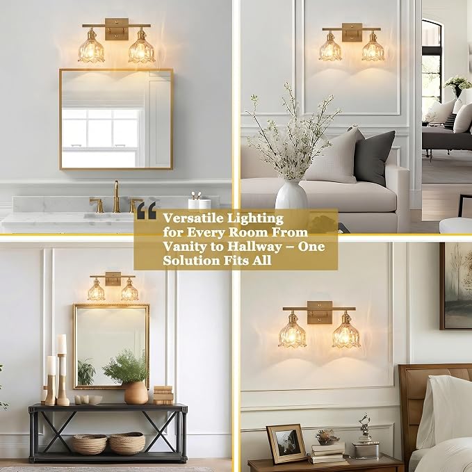 2-Light Amber Tulip Glass Vanity Light, Brushed Gold Vintage Bathroom Wall Sconce, 14.5" Antique Brass Wall Lamp for Mirror, Powder Room, Bedroom (Individual Rotary Switches, Bulbs Not Included)