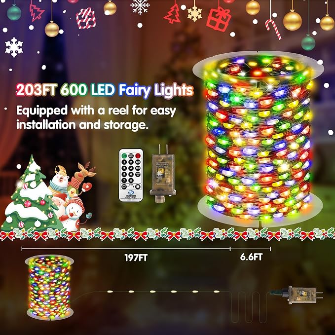 KNONEW 203FT 600LED Green Wire Outdoor Fairy Lights Plug in Multicolor Xmas | Timer,Memory,Dimmable,Remote,Waterproof,Green Wire,Invisible in Greenery,for Garden,Wedding,Party, Indoor/Outdoor, Christmas