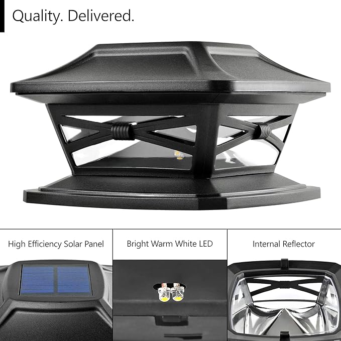 Flexfit Solar Outdoor Post Cap Lights - Includes Bases for 4x4 5x5 6x6 Wooden Posts - Bright LED Light - Slate Black (8 Pack) | Slate Black, Wooden Posts, fence/deck/garden/patio, UV fade-protected plastic, auto-on, 7-8h, cordless, IP44, 25lm warm white