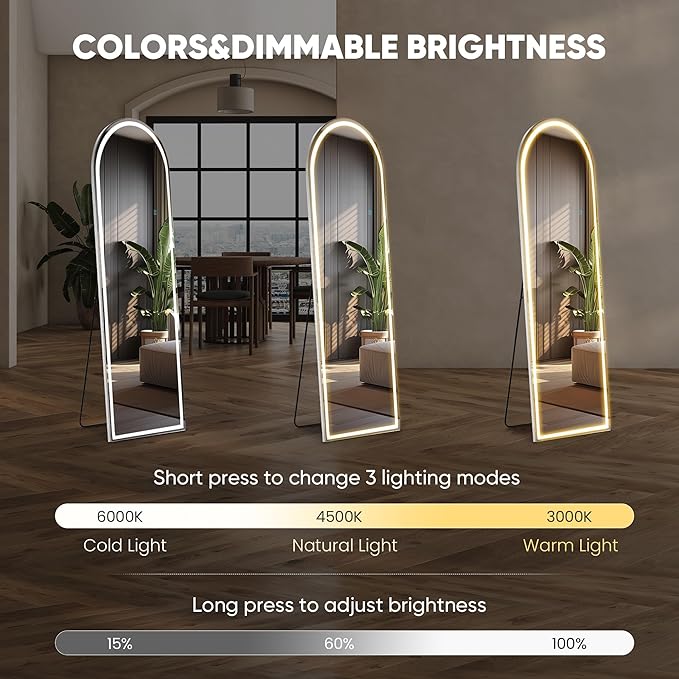 DUMOS Arched LED Mirror Full Length Standing, 16"x60" Full Body Wall Mirror | LED Lights 3 Color Lighting and Shatterproof Tempered Glass, Wall Hanging or Leaning, Floor Standing, Modern Home Decor