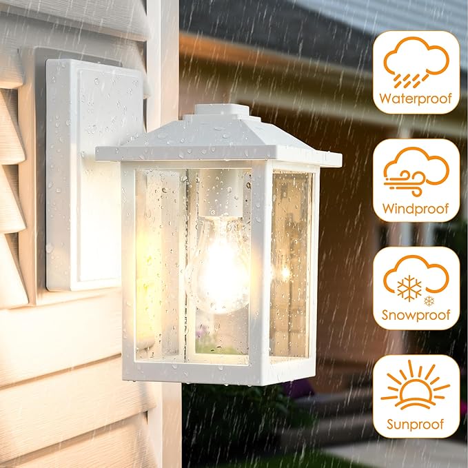 Outdoor Wall Lantern, Exterior Waterproof Wall Sconce Light Fixture, White Front Door Mounted Lighting with Glass, Anti-Rust Porch Lamp
