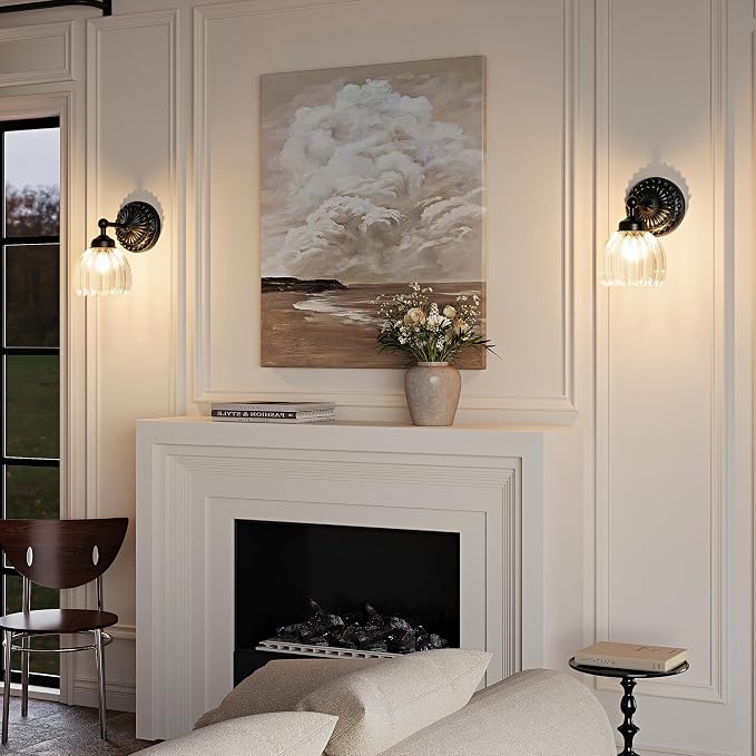 Battery Operated Wall Sconce, Vintage Wall Light, 2 Pack, Clear Tulip Glass | Black Metal Base, 5200mAh Rechargeable, Dimmable LED, Remote Control, Cordless, Bedside, Bedroom, Doorway, Living Room