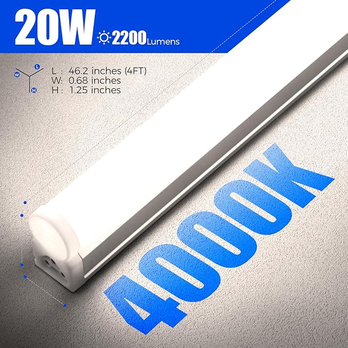 Barrina 12 Pack T5 LED Shop Light 4FT, 4000K Cool White,2200lm, 20W, Utility Linkable Lights, Ceiling and Under Cabinet Light, ETL Listed, ON/Off Switch for Workshop