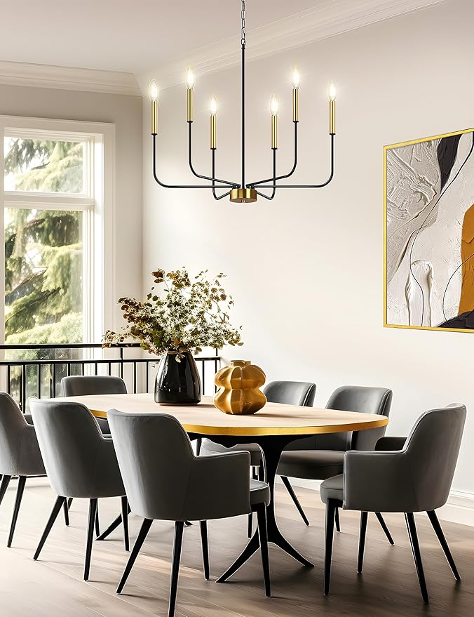DORESshop 6-Light Black and Gold Farmhouse Chandeliers for Dining Room, Light Fixture Adjustable Height, Industrial Modern Chandeliers for Living Room, Bedroom and Foyer