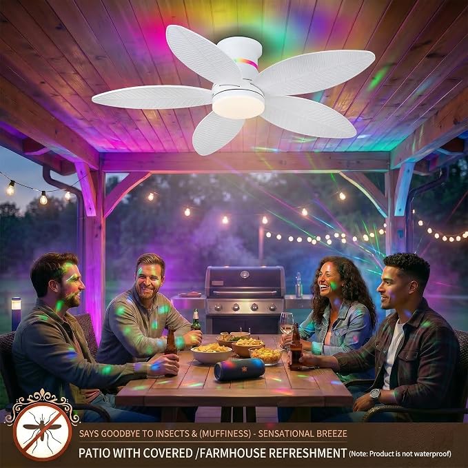Tropical Palm Leaf RGB Ceiling Fans with Lights 46”, White Flush Mount Ceiling Fan with Light and Remote, 3CCT Dimmable LED&&Side RGB Light, Reversible 6 Speeds, Quite Low Profile Ceiling Fan Party
