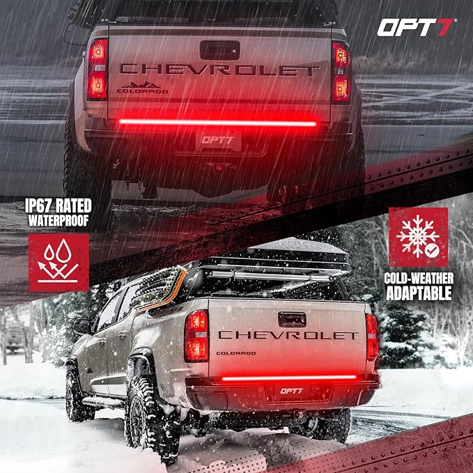 OPT7 Redline 48" Aluminum Truck Tailgate Light Bar w/Sequential Red Turn - Weatherproof Rigid 1-Piece Triple Row LED Strip - Dynamic Taillight w/White Reverse - Fits Tacoma, Colorado, Frontier, Canyon