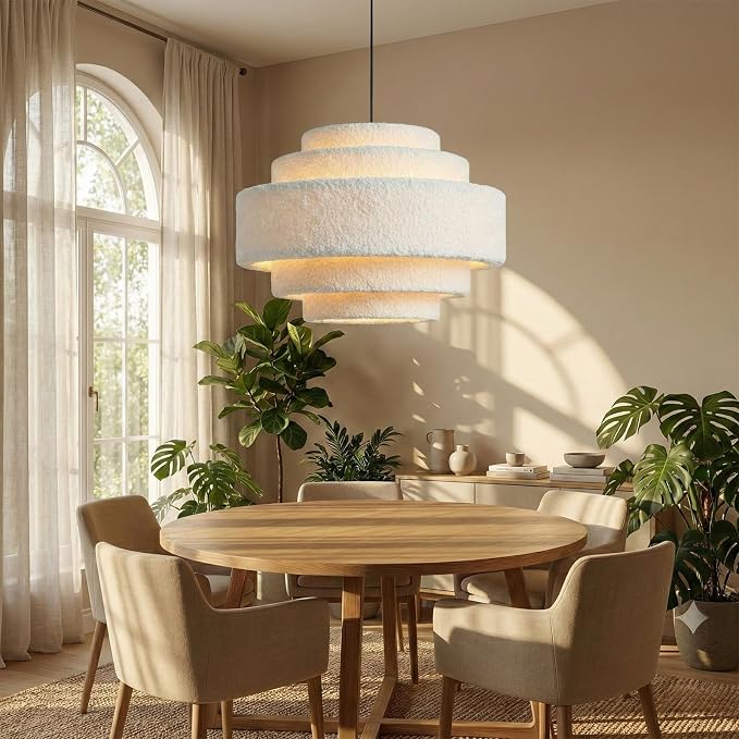 AUQUEE 5-Tier Coastal Chandelier, 13" Modern Boho Pendant Light Fixture with Soft Teddy Plush Shade, Adjustable Modern Drum Hanging Lamp for Bedroom/Nursery/Dining Room/Kitchen Island/Entryway,White