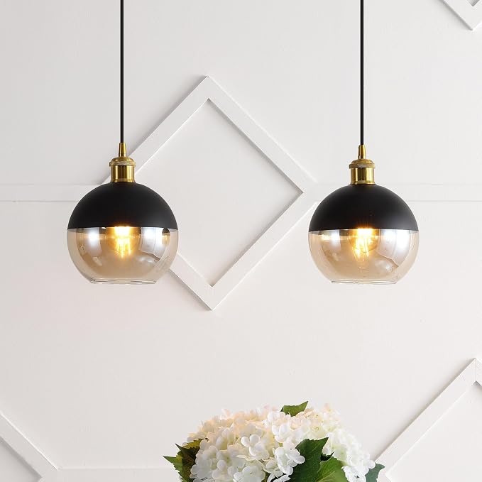 JONATHAN Y Nixon 1-Light 7.5" Globe Pendant, Brass Gold/Black, Set of 2 | Mid-Century Modern, Adjustable, Champagne Smoked Glass Shade, LED Bulbs Included, Metal/Glass Kitchen Island Ceiling Fixture