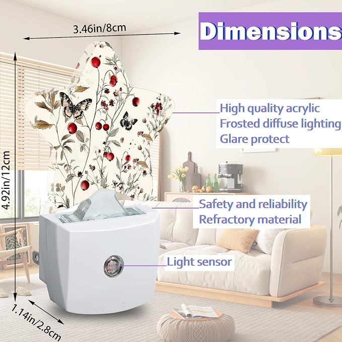 Energy Efficient Nightlights Plug In Wall, Vintage Flower Night Light for Kids Bedroom Decorative, Rustic Wildflower Butterfly Dusk-To-Dawn Sensor Sleep Friendly Lamp for Nursery Bathroom Basement