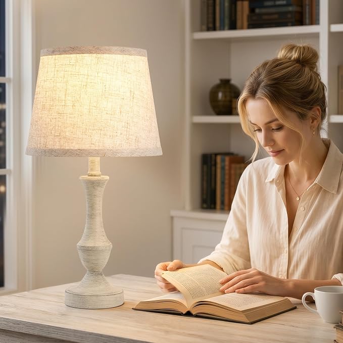 Luvkczc Table Lamp Set of 2, 19" Cottage Core Resin Bedside Lamps Nightstand Lamp for Living Room & Bedroom, Linen Shade Desk Lamps Office, Study(Bulb not Included)