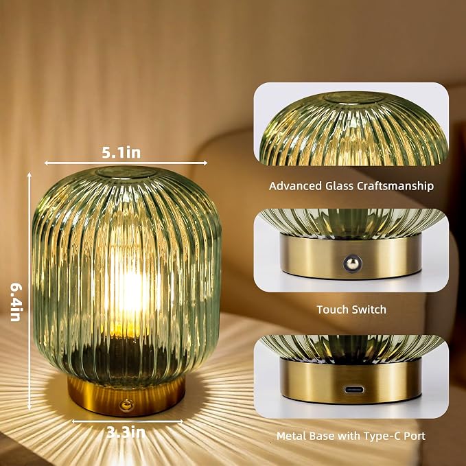 MJ PREMIER Rechargeable Table Lamp, Green Glass Lamp with Memory Function, Small Cordless LED Lamp with Dimmable Brightness, Decorative Touch Lamps for Bedroom Living Room (Green)