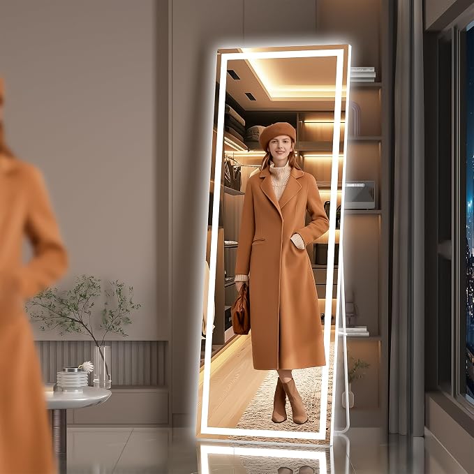 Hasipu Full Length Mirror with Lights, 56" x 18" LED Lighted Floor Standing, Full Body Dressing Hanging Mounted Mirror, Tempered Glass, Square White
