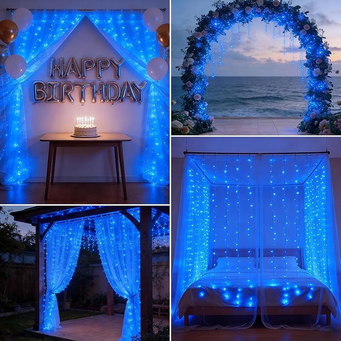 300LED Fairy Curtain Lights 9.8ft x 9.8ft LED Dimmable Twinkle Lights | with Remote and Timer USB Plug in 8 Modes String Lights for Bedroom Indoor Outdoor Party Christmas Decor, Blue