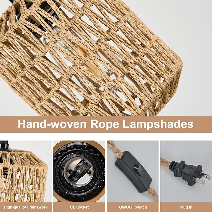 3 Lights Plug in Pendant Light with Cord On/Off Switch Rattan Hanging Lamp with 22ft Hand Woven Wicker Plug in Chandelier Boho Hanging Lights Fixture for Bedroom Kitchen Hallway Foyer