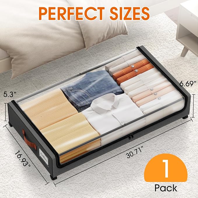 Under Bed Storage with Wheels 1Pack Storage Containers with Clear Window | Under Bed Drawers Rolling Under Bed Storage for Clothes,Shoes, Blankets (30.71 x 16.93 x 6.69 in, Dark Grey)