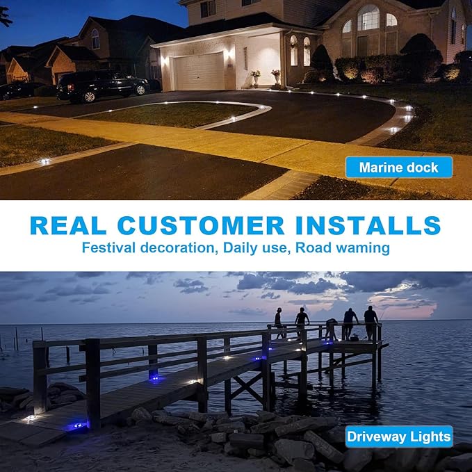 VOLISUN Solar Driveway Lights Dock Marine Lights 4 Pack,2 Colors in 1,Outdoor LED Deck Light,Solar Powered Waterproof Warning Step Light for Driveway Sidewalk Pathway (Blue/White),Saltwater Resistant