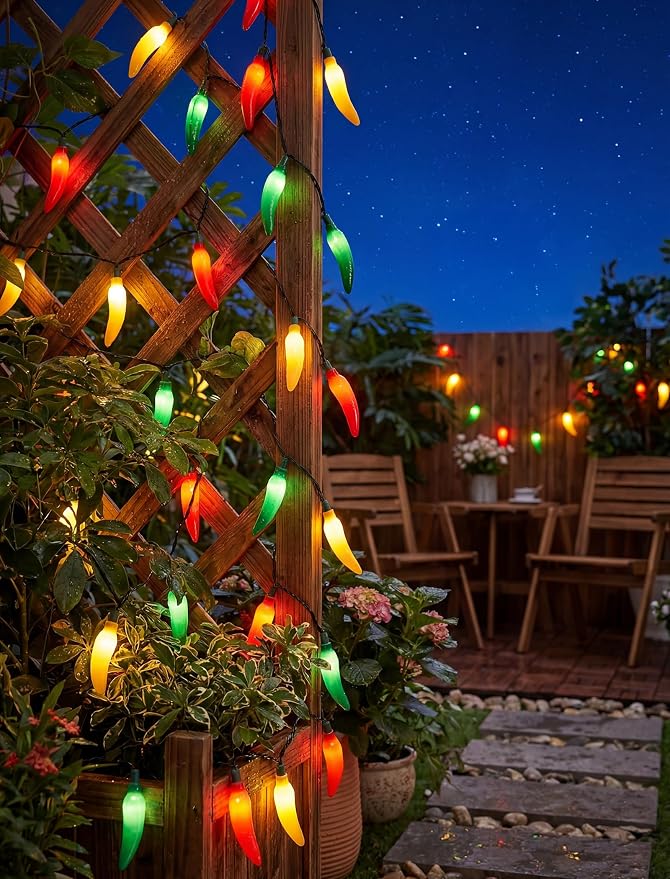 35 LED Chili Pepper Christmas Lights, 13.6Ft Camping String Lights | Multicolor, Plug in, Shatterproof, Connectable, Indoor Fairy Lights for Cook Off, Outdoor Patio Summer Decor, Green Wire