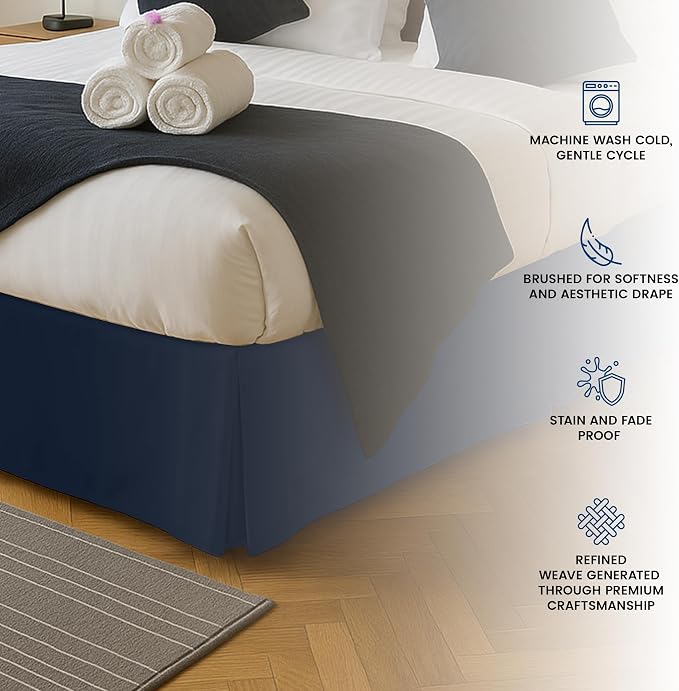 Queen Bed Skirt, Hides Under-Bed Storage 16 Inch Drop, Pleated, Navy | Easy Fit Design, Shrinkage & Fade Resistant, Hotel Style, Microfiber Durable Fabric, Machine Washable