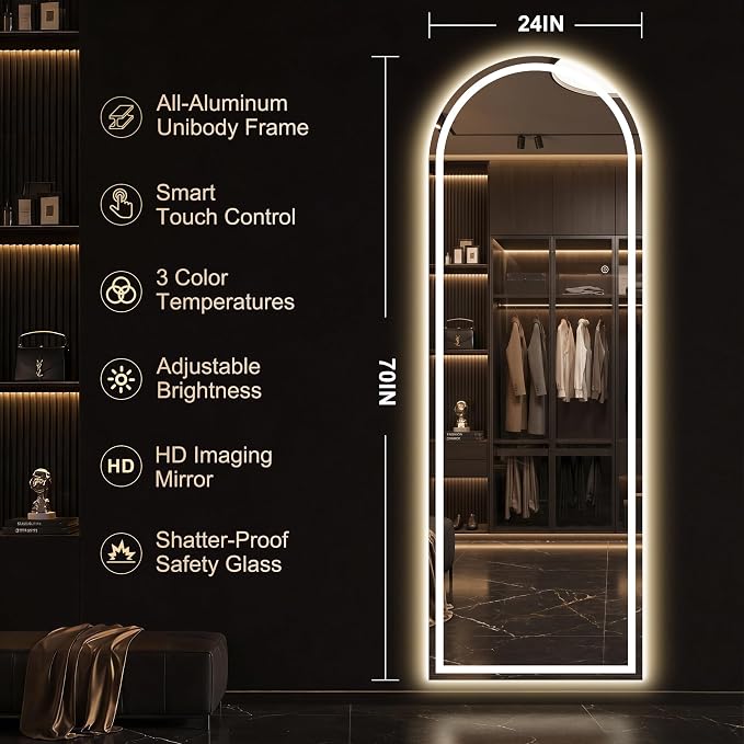 LED Arched Full Length Mirror, 70"x24" Full Body Mirror with Lights, Dimmable & 3 Color Lighting, Standing/Leaning/Wall Mounted Vanity Mirror for Bedroom, Dressing Room, Living Room