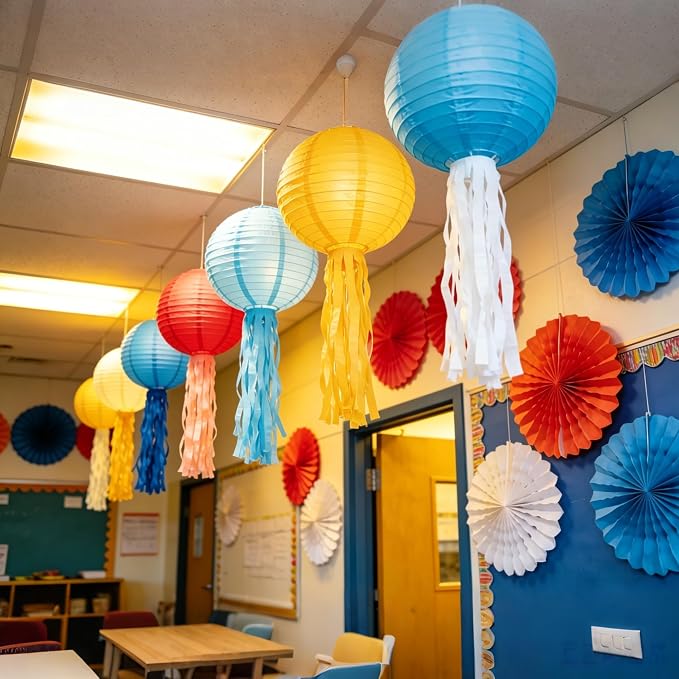 Blue, Red,Yellow,white Paper Lanterns Set (10 Pcs)- 8/10 Inch Round Hanging Paper Lanterns for Cartoon Birthday, Circus Party, Wedding, Classroom Decor, Baby Shower & Kids’ Room Accents