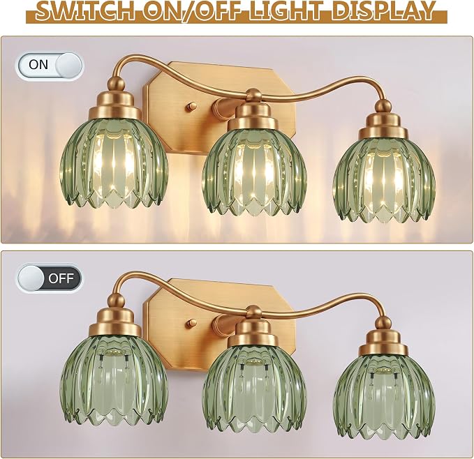 Vintage Gold Vanity Lights, 3 Light Tulip Crystal, Antique Brass Finish | Brushed Gold Bathroom Light Fixtures, Green Wall Sconce Ideal for Bedroom, Living Room, E26 Compatible, Easy Install