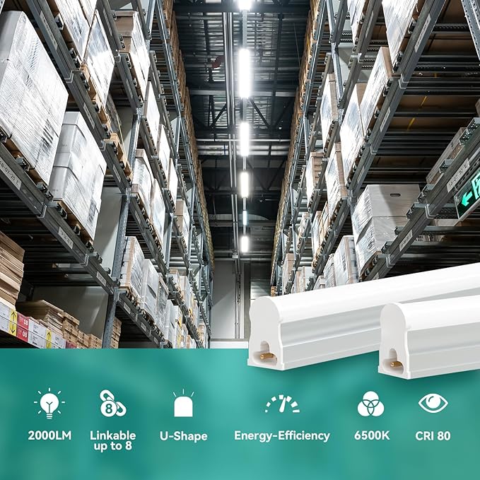 4FT LED Shop Lights (2 Pack), 2000LM 6500K Super Bright White T5 Commercial Lights, 20W Linkable Utility Integrated Single Fixture for Gym/Garage/Ceiling/Under Cabinet, Plug & Play