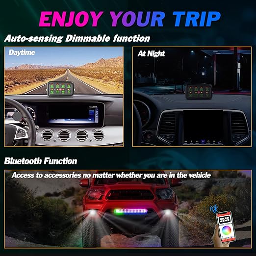 RGB 8 Gang Switch Panel Bluetooth 8 Switch Pods Relay System Box Multifunction 3 Modes Toggle Momentary Pulsed Dimmable Touch Switches for Trucks RV Boat Off Road ATV UTV SUV RZR Boat