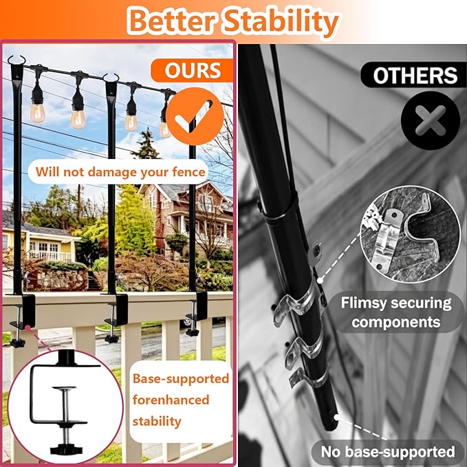 Patio Light Poles for String Lights, 4FT 8 Pack Deck Poles for String Lights with Fence-Friendly Clamps, String Light Poles for Deck Railing Clamp Mount, Metal Hanging Posts for Backyard Garden Bistro