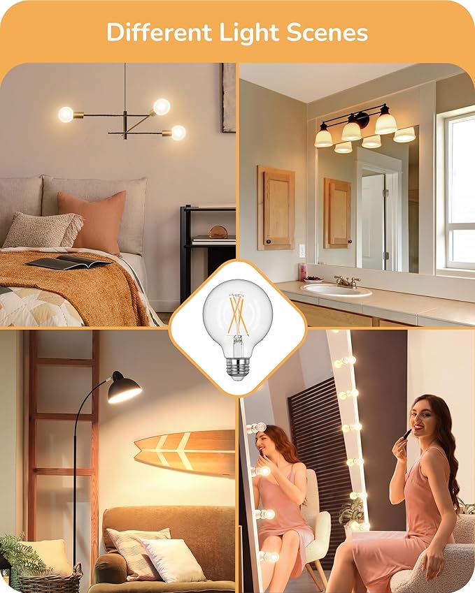 EDISHINE 6 Pack G25 Globe Light Bulbs, Dimmable Vintage LED Edison Bulbs, CRI90+ 5W Equivalent 60W, Clear LED Filament Vanity Light Bulbs, 2700K Warm White, 500LM, E26 Base