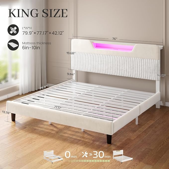 Homkdom King Bed Frame with Charging Station & Storage Headboard,White | 1USB-C & 2USB-A Charging, RGB LED Lights,7.78" Under-bed Storage,Velvet Upholstered Headboard,No Box Spring,Easy Assembly.