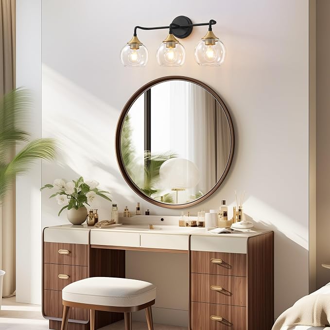 Bathroom Light Fixtures 3-Light Black and Gold Vanity Light 22" | Farmhouse Bathroom Lights, Thickened Clear Glass Shade, UL E26 Dimmable Vanity Lighting Fixtures Over Mirror